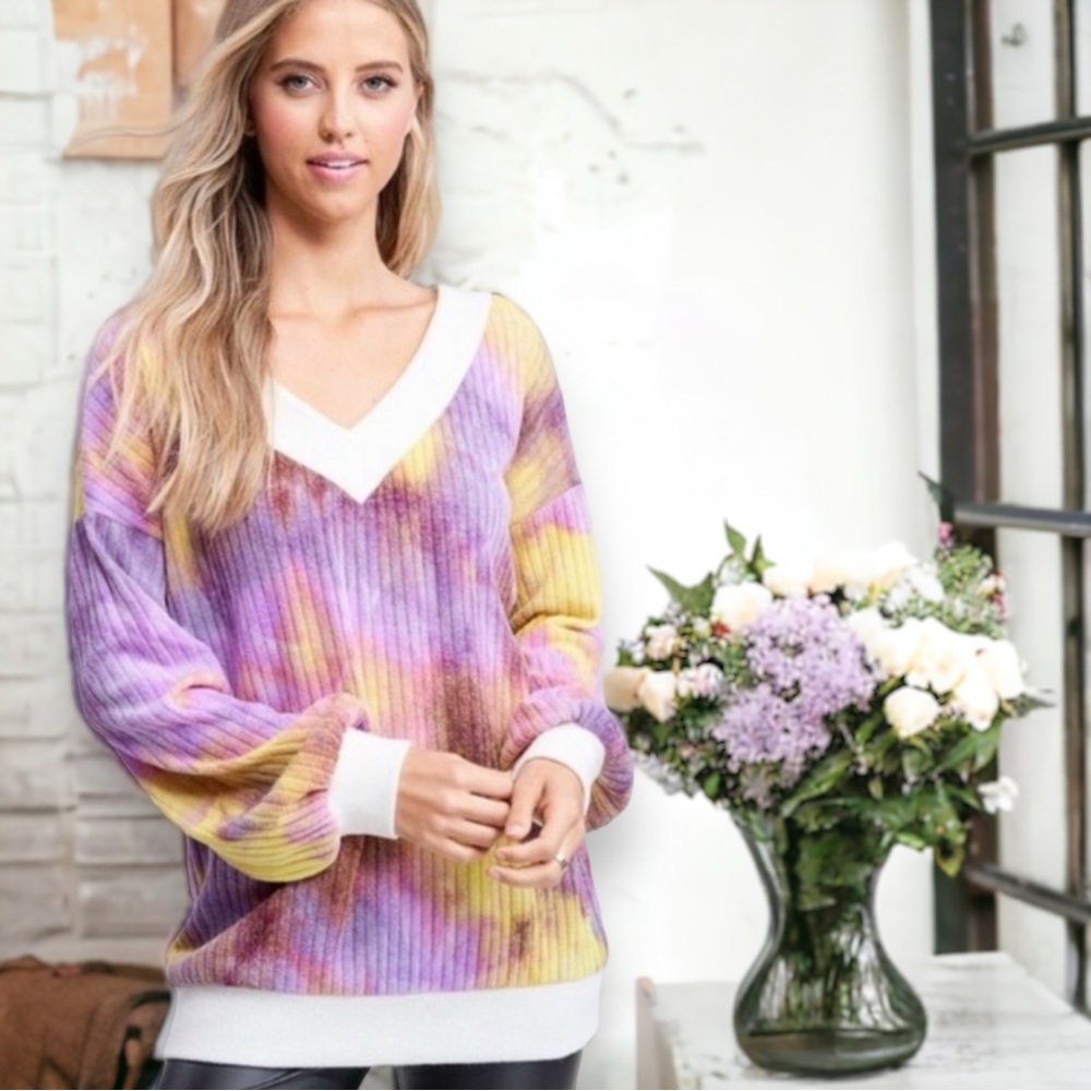 Lavender & Yellow Tie Dye V-Neck Sweater Top